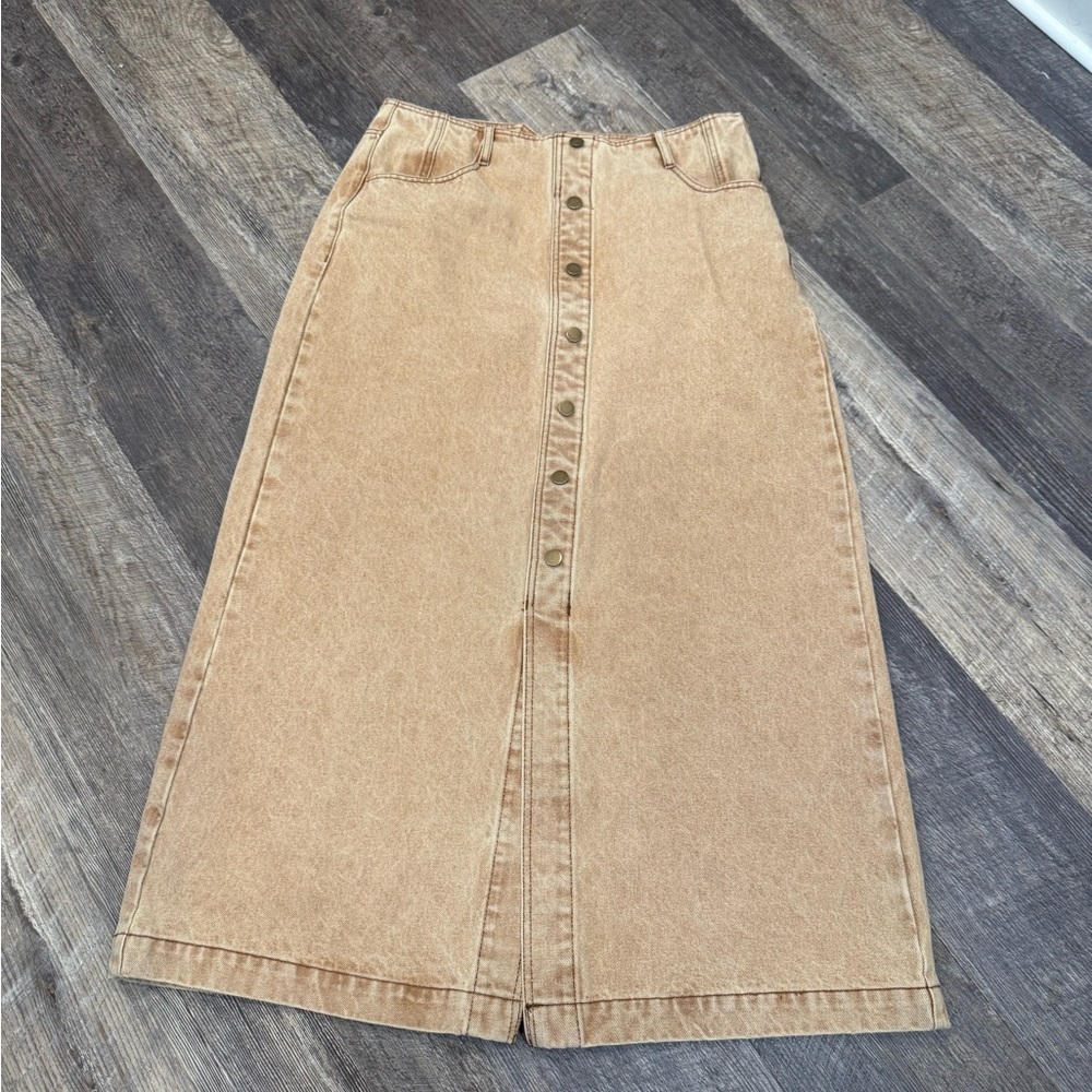 Button-Front Tan Denim Midi Skirt